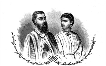 Sir Samuel Baker Pasha (* June 8, 1821; † December 30, 1893) was a British explorer, here with his wife  /  Sir Samuel White Baker Pascha (* 8. Juni 1821; † 30. Dezember 1893) war ein britischer Afrik...