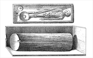 Burial in a dead tree from a line of Alemannic grave found in 1846 in Wuerttemberg