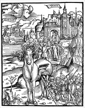 The Trojan horse. The Greeks get into the wooden horse at the siege of Troy  /  Das trojanische Pferd. Die Griechen steigen in das hoelzerne Pferd bei der Belagerung von Troja