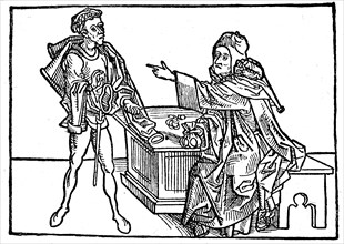 A man sells his overcoat to a Jewish junk dealer. From Bernard of Breidenbach pilgrimage to the Holy Sepulcher