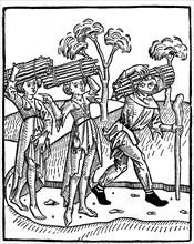 Farmers carry wood from the forest home. old from the Book of Wisdom Master