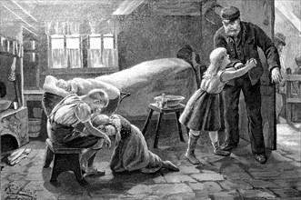 Family grieving after a death from the cholera epidemic