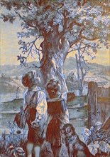 Two school children standing in front of an apple tree and thinking how to get the fruit
