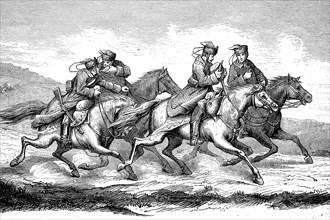 Hussar regiment riders having breakfast on horseback in full gallop