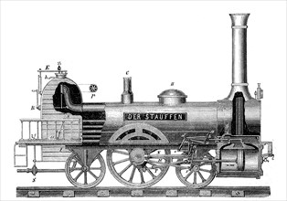 Side view of a historic locomotive