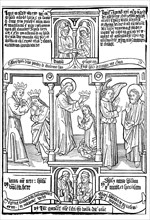 episodes from a block-book Biblia Pauperum illustrating typological correspondences between the Old and New Testaments  /  Ein Blatt der Armenbibel