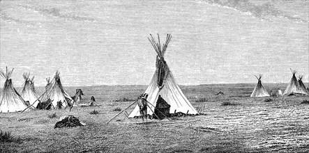 Indian village with teepees in the Northwest of America