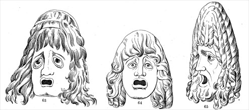 The theater in ancient Greece tragedy masks. Pale virgin with reduced falling Harr