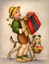 Historical congratulatory card with a child with a concertina and a dog