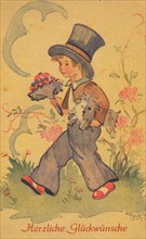 Historical postcard with a boy with bouquet and small dog