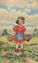 Historical postcard with a happy girl on the meadow