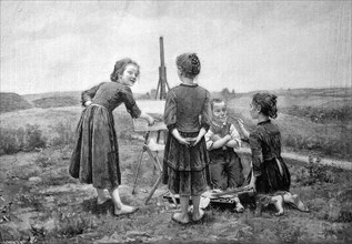 Children painting in the countryside