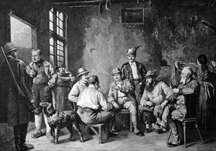 Meeting of hunters in the village inn