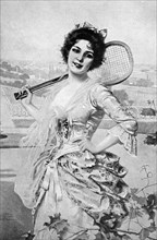 Tennis player woman in elegant dress tennis with tennis racket