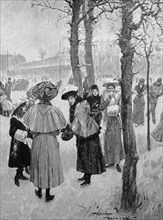 noble ladies at the winter walk and show the new fashion and fur set  /  vornehme Damen beim Winterspaziergang und vorführen der neuen Mode und Pelzgarnitur