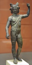 Bronze statuette of God Dionysus with panther skin, sandals and crown of clusters and vine leaves.