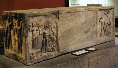 Roman sarcophagus of the veteran Vitalis, with scenes from Greek mythology about Hercules and Theseus.