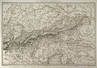Napoleonic map of mountain range of the Alps.