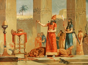 The King Ashurbanipal sacrificing lions for the gods.