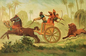 The King Ashurbanipal on a lion hunt.