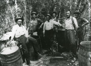 A backwoods still operating during Prohibition - no date or location