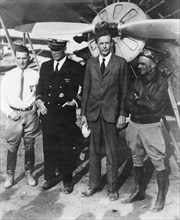 Right to left: Lt. James Doolittle, US Army Ace, Col. Charles Lindbergh, Lt. Al Williams, Navy Ace, and Clif Henderson, Director of the 1929 National Air Races. Sept 2, 1929.