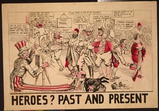 1914 - Heroes? Past and Present - lithograph - Poster showing Uncle Sam cranking a newsreel camera, filming world leaders and events; an injured 'Dove of Peace' looks on.