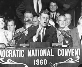 Senator John F. Kennedy addresses the Democratic Party's National Convention after being unanimously nominated for President of the United States. Los Angeles, July 13, 1960.