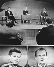 The two Presidential nominees from the two major parties are seen in three photos on a television screen during their nationally televised debate on 9-26-60. Top: Senator Kennedy, moderator Howard K. ...