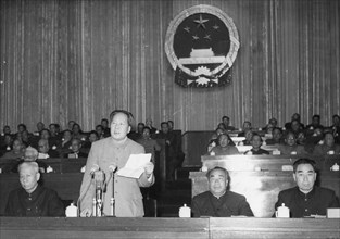 Mao Tse-Tung, chairman of the Second National People's Congress of the People's Republic of China (standing) is shown presiding over a session as it opened on April 18, 1959. Bejing, China.