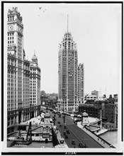 Circa 1925 -  North Clark Street bridge and the Wrigley and Tribune Buildings, Chicago, Ill.