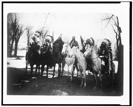 Circa 1900 - Six tribal leaders (l to r) Little Plume (Piegan), Buckskin Charley (Ute), Geronimo (Chiricahua Apache), Quanah Parker (Comanche), Hollow Horn Bear (Brulé Sioux), and American Horse (Ogla...