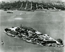 Aerial view of Alcatraz Prison, San Francisco, CA, circa 1940