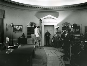 White House, March 16, 1959 -- Camera operators give President Eisenhower the signal to begin his radio and television address on Berlin. Photo: Abbie Rowe
