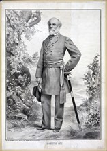 Print showing Robert E. Lee, full-length portrait, standing, facing slightly left, wearing military uniform printed circa 1882 .