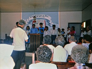 (R) Latin America / Honduras circa 1987 - La Danta Church members worshipping in Honduras.