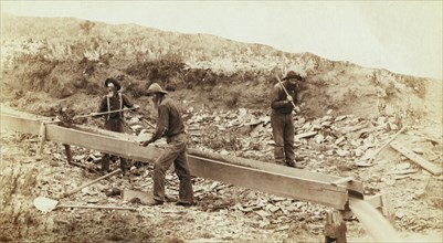 Gold Dust.' Placer mining at Rockerville, Dak. Old timers, Spriggs, Lamb and Dillon at work  1889 .