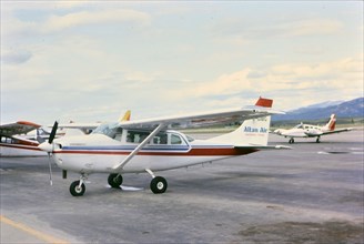 An Alkan Airlines propeller airplane circa 1983.