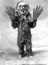 Edward S. Curits Native American Indians - Koskimo person wearing oversized gloves and mask of Hami ('dangerous thing') during the numhlim ceremony circa 1914.