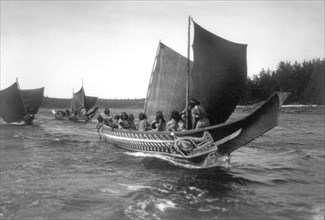 Edward S. Curits Native American Indians - Kwakiutl Indians in canoes, British Columbia circa 1914.