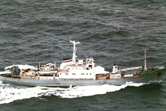 1995 - Aerial starboard side view of a Russian Pacific Fleet Moma class hydrographic survey vessel..