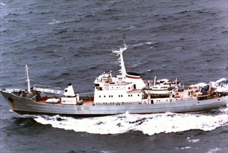 1995 -  Aerial port side view of a Russian Pacific Fleet Moma class hydrographic survey ship..
