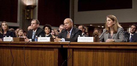 Homeland Security Jeh Johnson testifies about the role and responsibility of the Department of Homeland Security in response to the Ebola outbreak in West Africa at a Senate Committee 2014.