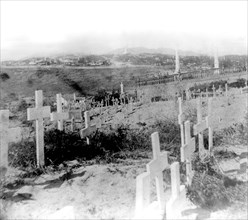 California History - Protestant burying ground, (Broderick's Monument) from the Catholic Cemetery, Lone Mountain, San Francisco circa 1866.