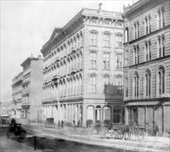 California History - Bush Street, from Montgomery to Sansome--Occidental and Cosmopolitan Hotels, San Francisco circa 1866.