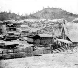 California History - Nevada City, from the South - Catholic Church, Union Hotel, and Sugarloaf Mt., Nev. County circa 1866.