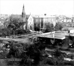 California History - Presbyterian Church and Public School, from the Court House, Stockton, San Joaquin County circa 1866.