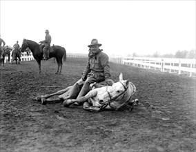 Soldier sitting on horse at wild west show given by soldiers circa 1919 .