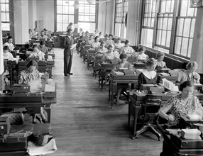 Social Security Board Records Office -  Workers at work in part of the key machine section, where master cards are punched circa 1937.