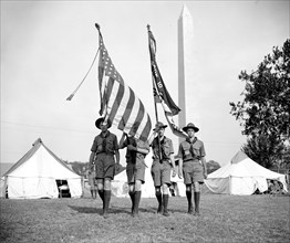 Boy Scouts Color Guard holding flags at the Boy Scout Jamboree in Washington D.C. circa 1937.